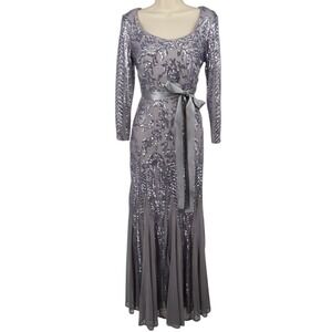 R&M Richards 5623 Silver Sequin Mesh Gown Satin Sash Long Sleeve Dress NWT 6
